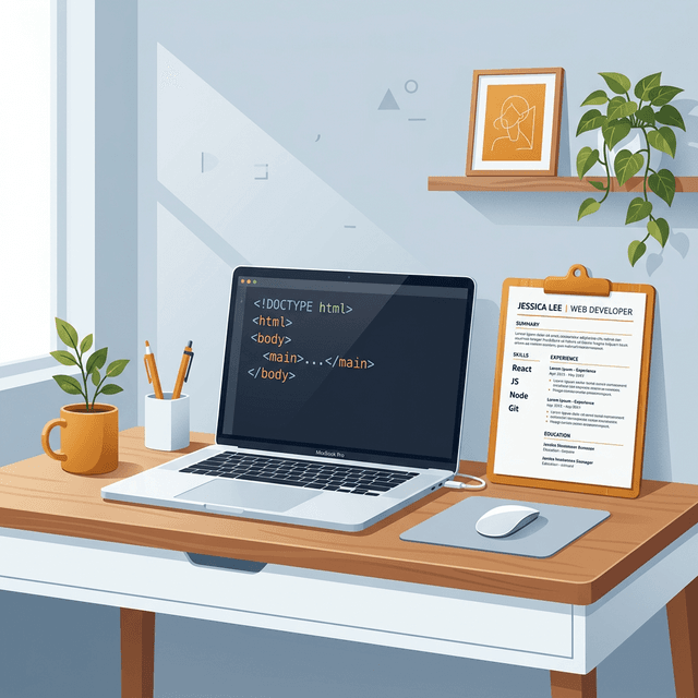 웹 개발자의 책상과 코드, 이력서 화면