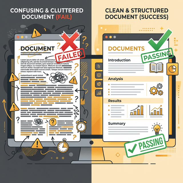 어수선한 불합격 문서와 깔끔한 합격 문서의 비교