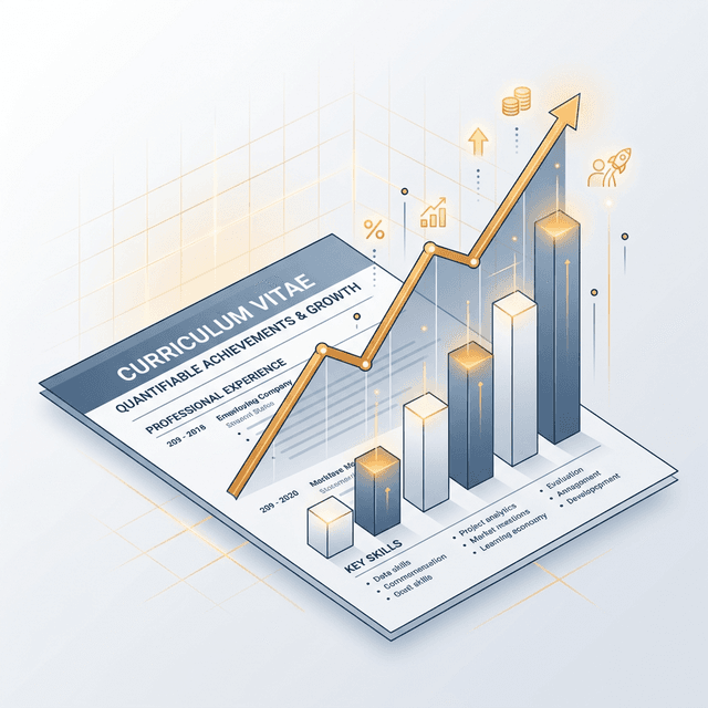 자소서 문서 위로 솟아오르는 정량적 성과 그래프