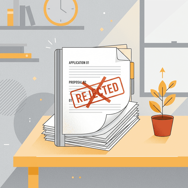 거절 도장이 찍힌 서류 더미와 희망적인 화분